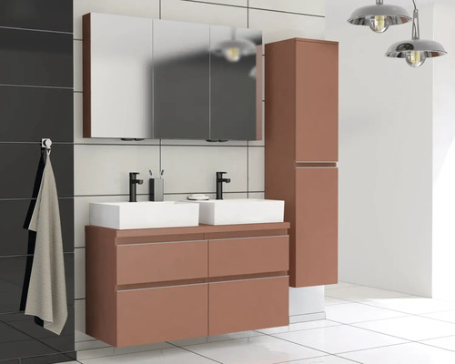 Moderná kúpeľňa s dvojitým umývadlom, zrkadlovou skrinkou a vysokou skrinkou