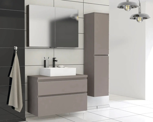 Moderný kúpeľňový komplet s umývadlom, zrkadlovou skrinou a vysokou skriňou