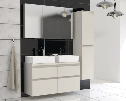 Kúpeľňový komplet s umývadlovou skrinkou, umývadlom na dosku, zrkadlovou skrinkou a vysokou skrinkou