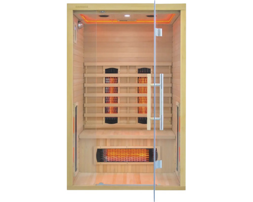 Infračervená sauna so sklenenou prednou stenou a dreveným rámom