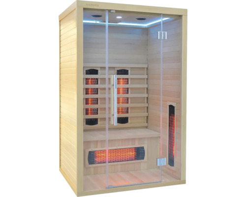 Vnútorný pohľad na drevenú infračervenú saunu so sklenenými dverami a infračervenými žiaričmi