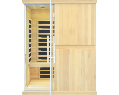 Infračervená sauna s drevenými stenami a sklenenými dverami