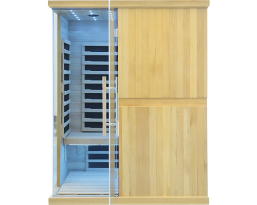 Infračervená sauna s drevenými stenami a sklenenými dverami