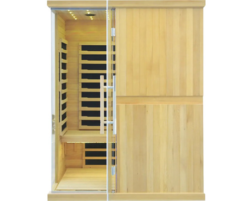 Vnútorný pohľad na saunu so sklenenou prednou stranou a dreveným obkladom