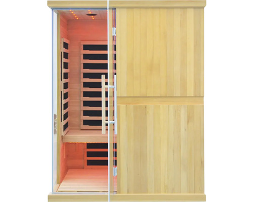 Infračervená sauna s presklenými dverami a dreveným obkladom