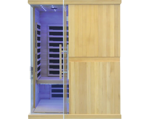Infračervená sauna s drevenými stenami a sklenenými dverami