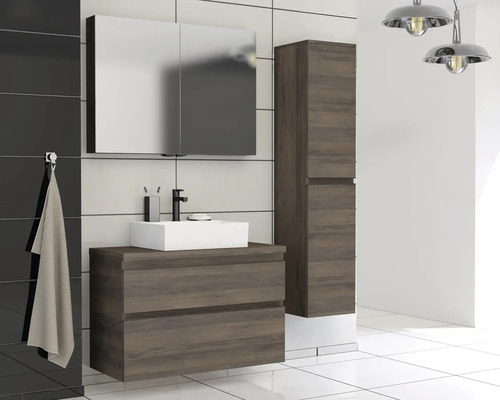 Moderný kúpeľňový nábytok so skrinkou pod umývadlo, umývadlom na dosku, zrkadlovou skrinkou a vysokou skriňou
