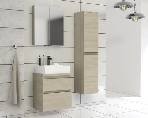 Kúpeľňový set s umývadlovou skrinkou, zrkadlovou skrinkou a vysokou skrinkou