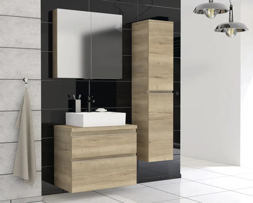 Moderná kúpeľňová súprava s umývadlovou skrinkou, zrkadlovou skrinkou a vysokou skriňou