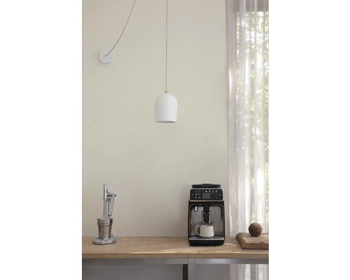 Svetlá kuchyňa so závesným svietidlom, odšťavovačom a kávovarom