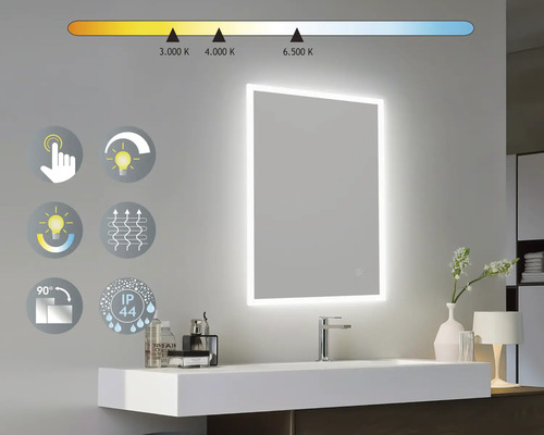 Osvetlené zrkadlo s dotykovým senzorom, nastaviteľnou farbou svetla a krytím IP44