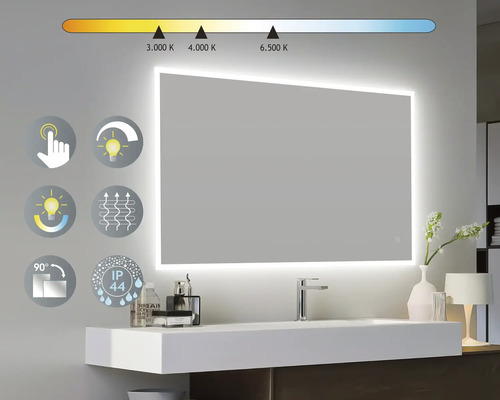 Osvetlené zrkadlo s dotykovou funkciou a rôznymi teplotami farieb v kúpeľni