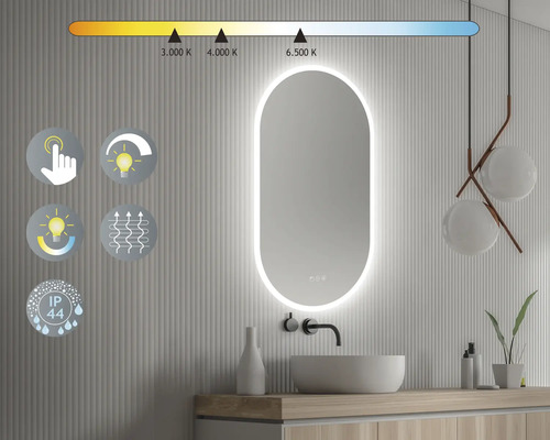 Kúpeľňa s osvetleným zrkadlom, umývadlom a reguláciou teploty