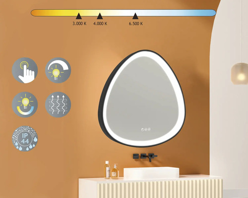 Osvetlené zrkadlo v kúpeľni s dotykovou funkciou, nastaviteľnou teplotou farieb, funkciou ohrevu a stupňom krytia IP44.
