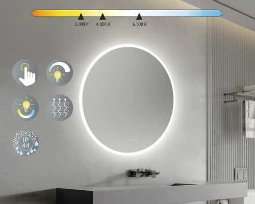 Okrúhle zrkadlo s LED osvetlením v kúpeľni. Dotyková funkcia, nastaviteľná intenzita svetla, nastaviteľná teplota farieb. IP44: Ochrana proti striekajúcej vode zo všetkých smerov.