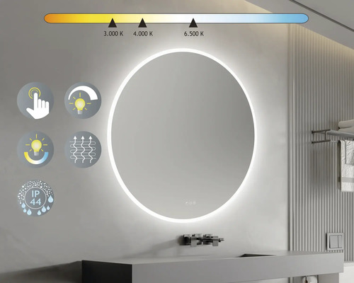 Okrúhle zrkadlo s LED osvetlením v kúpeľni s dotykovou funkciou, reguláciou farby svetla, kúrením a stupňom krytia IP44.