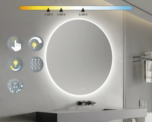 Okrúhle kúpeľňové zrkadlo s osvetlením a dotykovou funkciou v kúpeľni