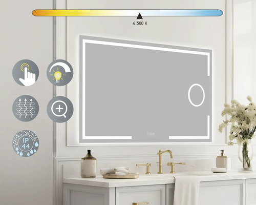 Osvetlené zrkadlo s dotykovou funkciou a nastaviteľnou teplotou farieb nad umývadlom