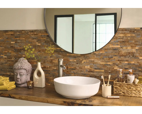 Samolepiaci panel WallTiles Premium Slate Tiles 30,4 x 30,4 cm Kúpeľňa s umývadlom na dosku, zrkadlom, batériou, hlavou Budhu, mozaikovými dlaždicami a drevenou policou