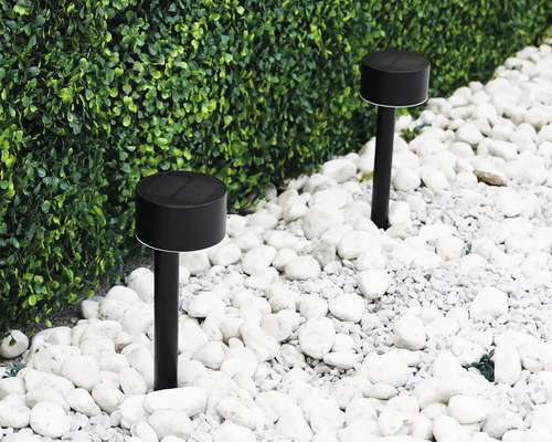Dve čierne solárne svetlá v záhrade medzi bielymi kameňmi a zeleným živým plotom