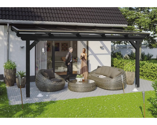 Zastrešenie terasy SKAN HOLZ Ancona 541 x 350 cm, laminované drevo, antracit Terasa so zastrešením, prúteným nábytkom a dekoráciou v záhrade