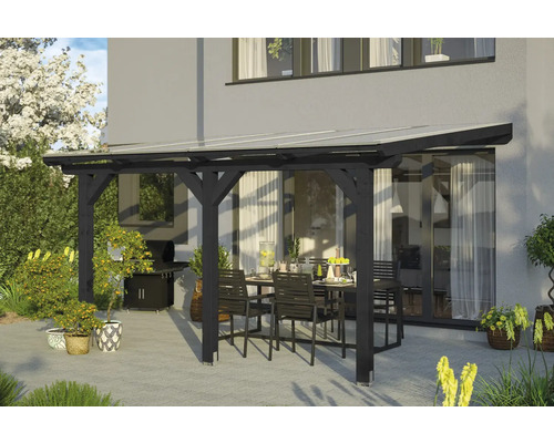 Zastrešenie terasy SKAN HOLZ Andria 434 x 300 cm, antracitové lamelové drevo Drevené zastrešenie terasy so stolom a stoličkami vo vonkajšom priestore