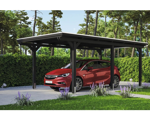 Prístrešok na auto SKAN HOLZ Emsland vr. kotiev, EPDM membrána, 354 x 604 cm, antracit Drevený prístrešok pre auto s autom v záhrade