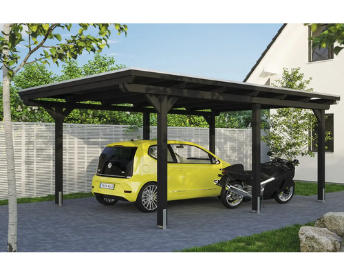 Prístrešok na auto SKAN HOLZ Emsland vr. kotiev na stĺpiky, EPDM membrána, 404 x 604 cm, antracit Drevený prístrešok pre auto s autom a motorkou