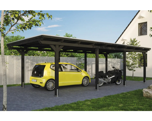 Prístrešok na auto SKAN HOLZ Emsland, vr. kotiev na stĺpiky, EPDM membrána, 404 x 846 cm antracit Prístrešok pre auto s automobilom a motocyklom