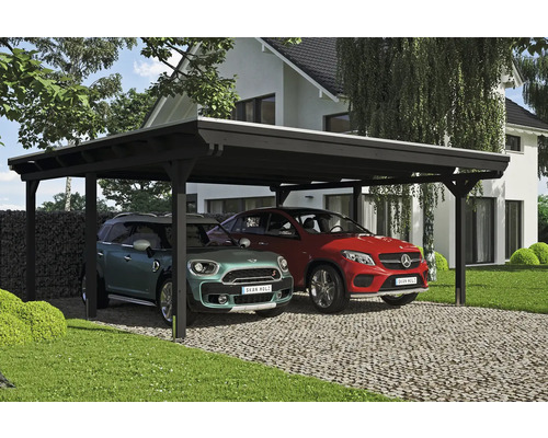 Prístrešok na auto dvojitý SKAN HOLZ Emsland dvojitý prístrešok, vrátane kotiev na stĺpiky, EPDM membrána, 613 x 604 cm antracit Drevený dvojitý prístrešok pre auto s dvoma parkujúcimi autami pred domom