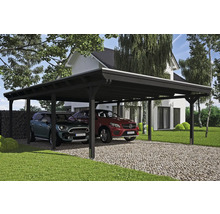 Drevený dvojitý prístrešok pre auto s dvoma parkujúcimi autami