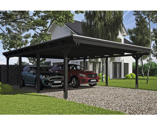 Drevený dvojitý prístrešok pre auto s dvoma parkujúcimi autami