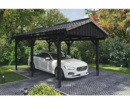 Prístrešok na auto SKAN HOLZ Fichtelberg vr. kotiev pre stĺpiky, 317 x 566 cm antracit Auto pod prístreškom pre auto v záhrade.
