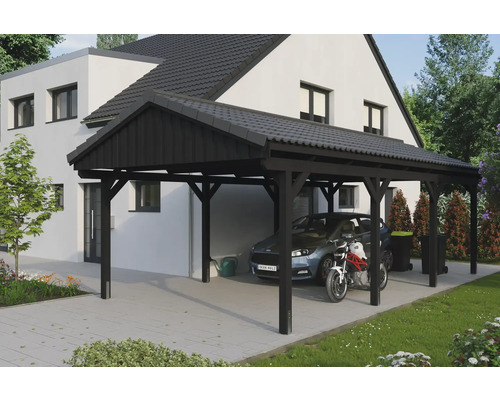 Drevený prístrešok pre auto s automobilom a motocyklom