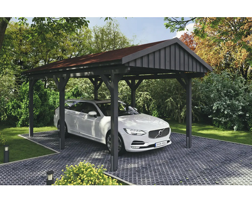 Prístrešok na auto SKAN HOLZ Fichtelberg, vr. kotiev na stĺpiky, červené strešné šindle, 317 x 566 cm, antracit Auto pod dreveným prístreškom v záhrade
