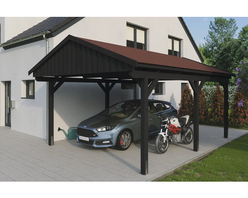 Prístrešok na auto SKAN HOLZ Fichtelberg, vr. kotiev pre stĺpiky, červené strešné šindle, 423 x 566 cm, antracit Prístrešok pre auto s automobilom a motocyklom pred obytným domom