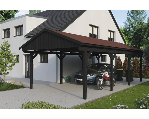 Drevený prístrešok pre auto s autom a motocyklom
