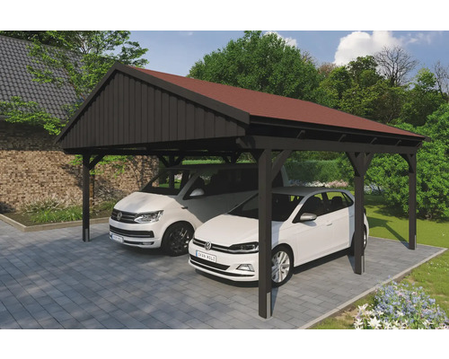 Prístrešok na auto dvojitý SKAN HOLZ Fichtelberg s kotvami na stĺpiky, červené strešné šindle 618 x 566 cm antracit Dvojitý drevený prístrešok pre auto s dvoma zaparkovanými autami