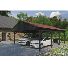 Drevený dvojitý prístrešok pre auto s dvoma parkujúcimi autami