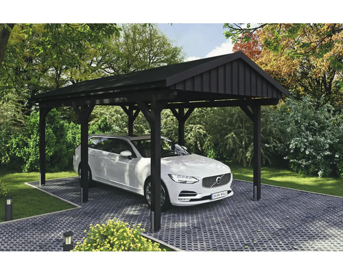 Prístrešok na auto SKAN HOLZ Fichtelberg vr. kotiev na stĺpiky, čierne strešné šindle, 317 x 566 cm, antracit Auto pod dreveným prístreškom pre auto