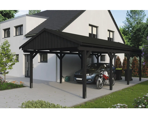 Prístrešok na auto SKAN HOLZ Fichtelberg s kotvami na stĺpiky, čierne strešné šindle 423 x 808 cm antracit Čierny drevený prístrešok pre auto s autom a motocyklom pred domom