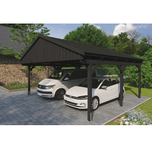 Dvojitý drevený carport s dvoma zaparkovanými autami