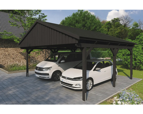 Dvojitý drevený carport s dvoma zaparkovanými autami