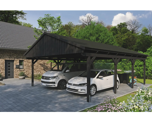Prístrešok na auto dvojitý SKAN HOLZ Fichtelberg, vrátane kotiev na stĺpiky, čierne strešné šindle, 618 x 808 cm, antracit Drevený prístrešok pre auto s dvoma zaparkovanými autami