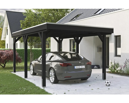 Prístrešok na auto SKAN HOLZ Grunewald, vr. kotiev pre stĺpiky, EPDM membrána, 321 x 554 cm, antracit Drevený prístrešok pre auto s autom a futbalovou loptou na dvore