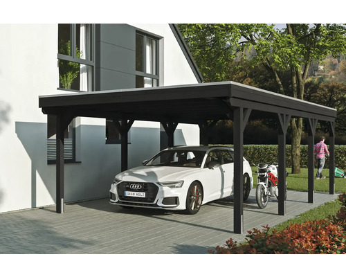 Drevený prístrešok pre auto s automobilom a motocyklom