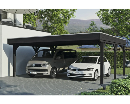 Prístrešok na auto dvojitý SKAN HOLZ Grunewald, vrátane kotiev na stĺpiky, EPDM membrána 622 x 554 cm antracit Dvojitý drevený prístrešok pre autá s dvoma zaparkovanými autami