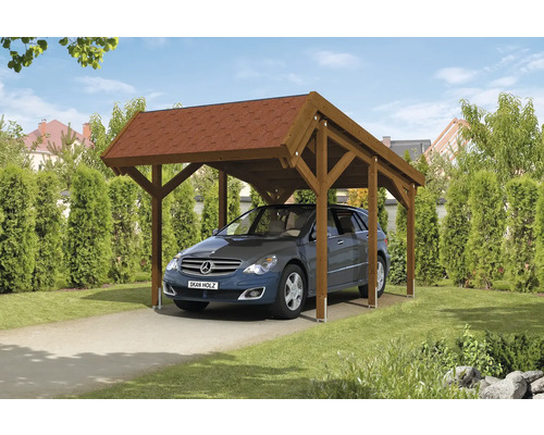 Prístrešok na auto SKAN HOLZ živicový vr. kotiev pre stĺpiky, červené strešné šindle, 321 x 560 cm, orech Drevený prístrešok pre auto so sedlovou strechou a zaparkovaným autom