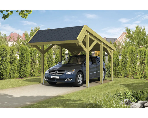 Prístrešok na auto SKAN HOLZ Harz, vr. kotiev na stĺpiky, čierne strešné šindle, 321 x 560 cm tlakovo impregnované Auto pod dreveným jednoduchým prístreškom so strechou