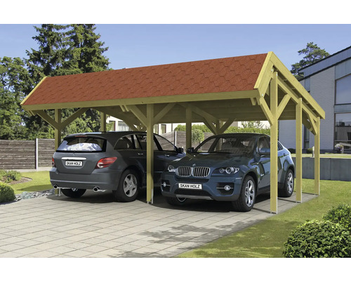 Prístrešok na auto dvojitý SKAN HOLZ Harz Vrátane kotiev na stĺpiky, červené strešné šindle, 624 x 560 cm, tlakovo impregnovaný Dvojitý drevený prístrešok pre auto s dvoma zaparkovanými autami